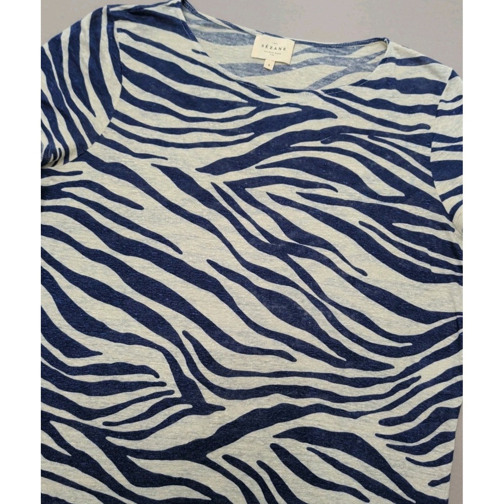 Sézane Sz S Andre Blue Zebra Print 100% Linen Round Neck Short Sleeve T-shirt
